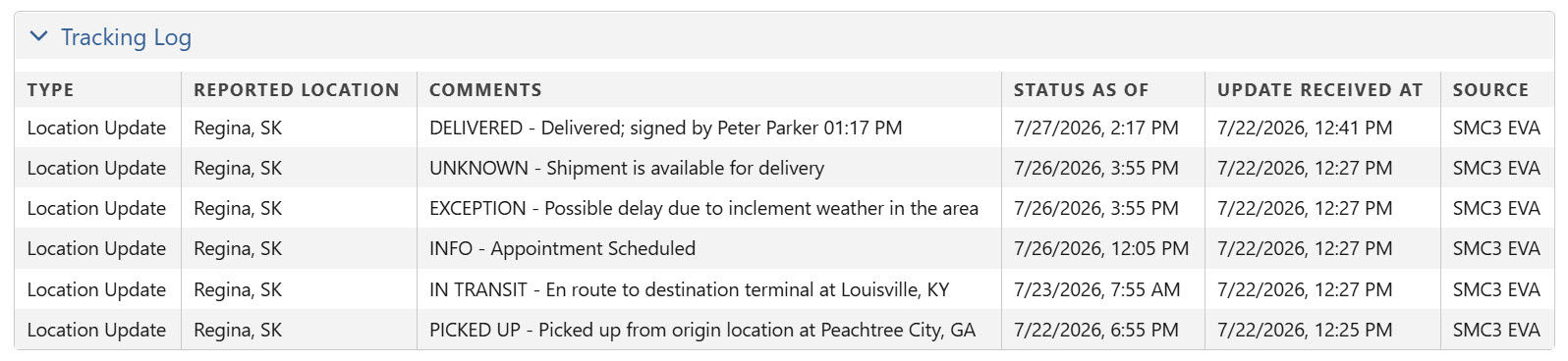 Load Tracking Log showing shipment status updates and delivery details from SMC3 EVA.